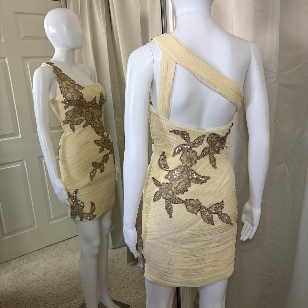 Sue Wong One Shoulder Cream Champagne Sequin Lace Pleated Cocktail Mini Dress - Picture 5 of 9
